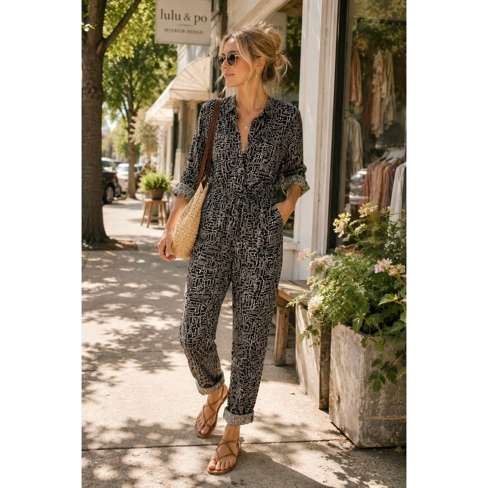 Anthropolgie Lilka Atacama Jumpsuit‎ Romper XS Black Aztec Utility Artsy Weekend